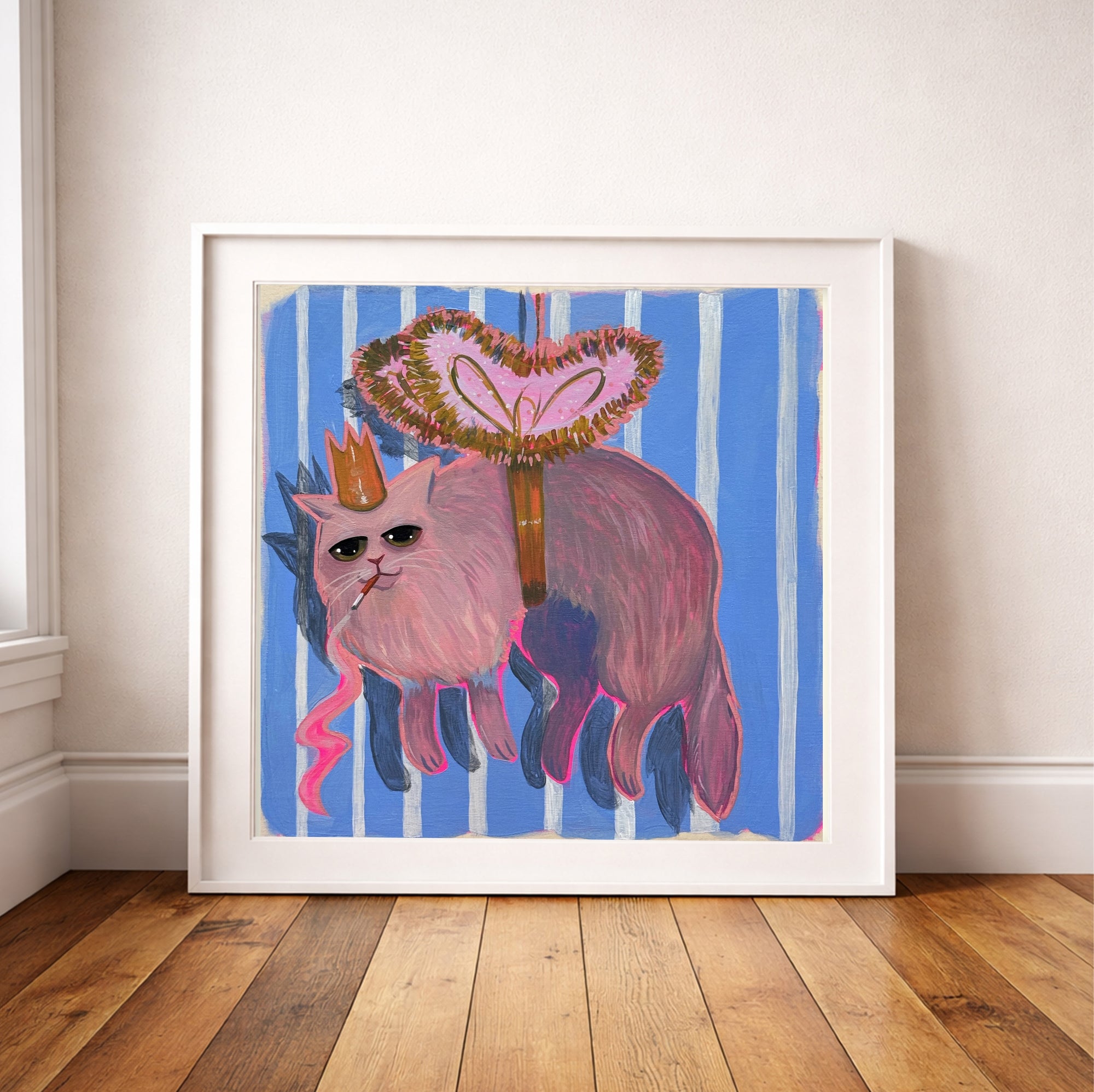 Fluffy pink smoking cat art print by Caya Crum shown in a modern lifestyle room