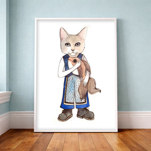 Cute cat art print of Frankie the cat holding his goldfish friend, hand-signed by Caya Crum