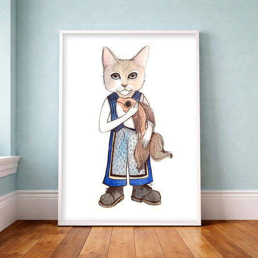 Cute Cat Art Print – Kitten Dressed Up and Goldfish by| Caya Crum Art