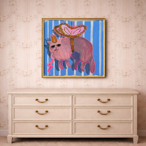 Cute smoking cat art print by Caya Crum in a pink bedroom, maximalist wall decor