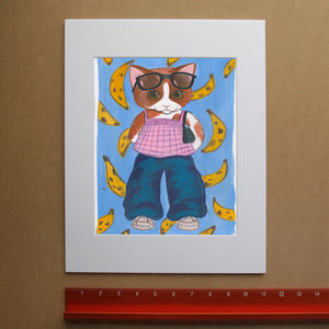 Banana Kitty cat art print by Caya Crum — with white mat