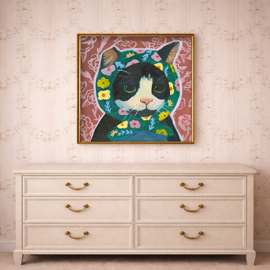 Cat Art Print of a tuxedo cat with a scarf on her head, sweet cat with a snipped ear in a gold frame. Mama kitty is a fairytale cat, shown here above a bedroom dresser and part of Caya Crum's larger cat painting series.  24x24" Prints, signed and made to order.