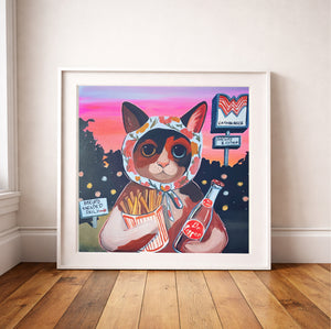 Cute Calico Cat art Print with big, sad kitty eyes and a Dr Pepper.  Perfect for anyone who loves dr pepper and texas or the homesick texan who loves cats.  This cat is made in texas and is part of a larger cat paintings series by Caya Crum.  Printed to order in sizes up to 24x24", all prints fit into standard size frames.