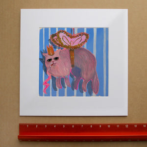 Fluffy weird cat wall art by Caya Crum, pink cat with angel wings and tiny crown, hand-signed gallery wall print