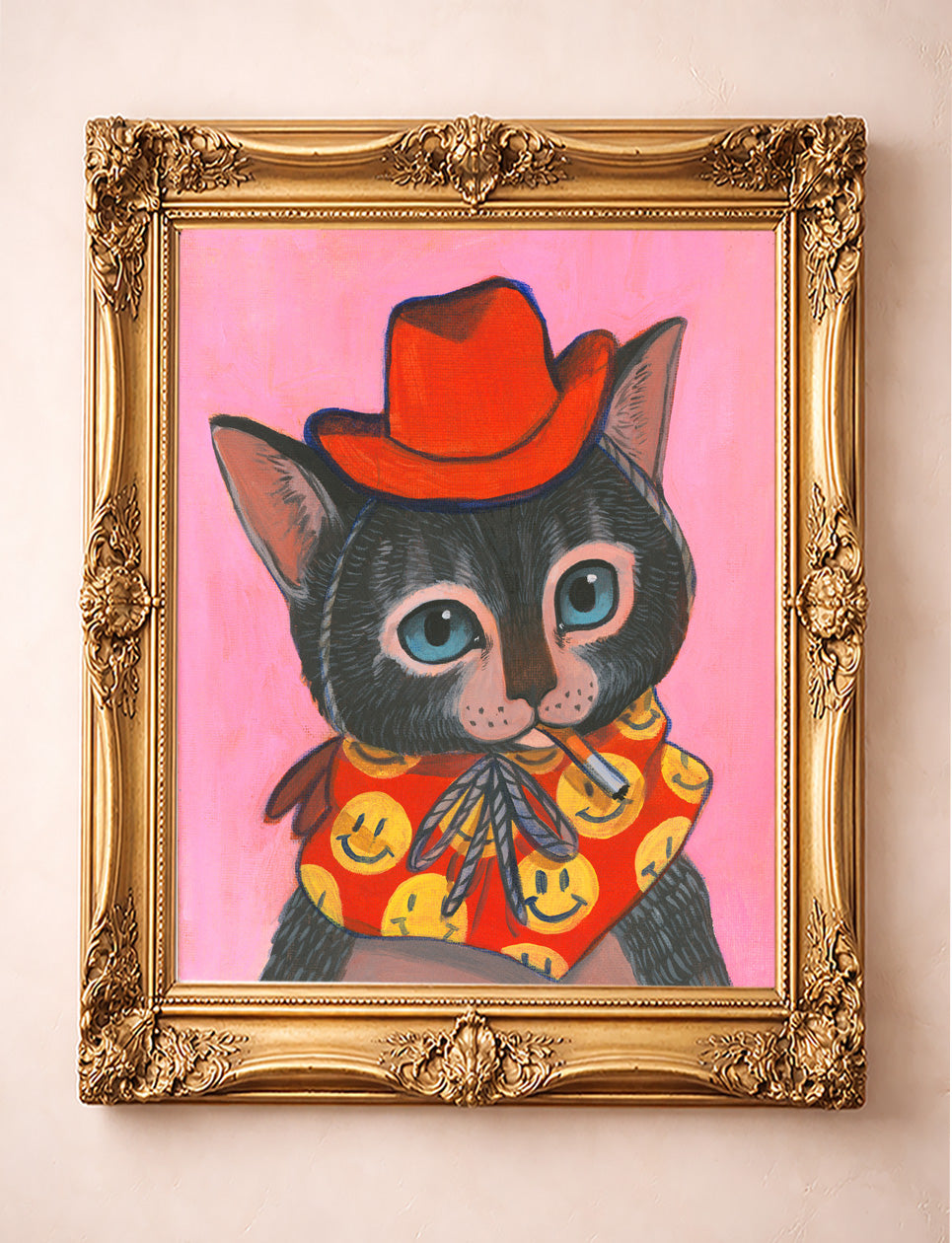 Cute Grey Tabby Cowboy Cat Art Print – Pink Western Pop Art by Caya Crum