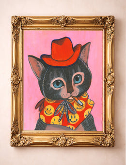 Cute Grey Tabby Cowboy Cat Art Print – Pink Western Pop Art by Caya Crum