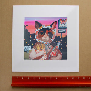 Calico Cat Art Print – Cute Calico Cat art Print.  This cat stands in front of a whataburger aka cataburger holding a Dr Pepper with big, sad kitty eyes.  All prints fit into standard size frames up to 24x24".    Perfect for anyone who loves dr pepper and texas or the homesick texan who loves cats.  This cat is made in texas and is part of a larger cat paintings series by Caya Crum.  All work is signed by the artist.
