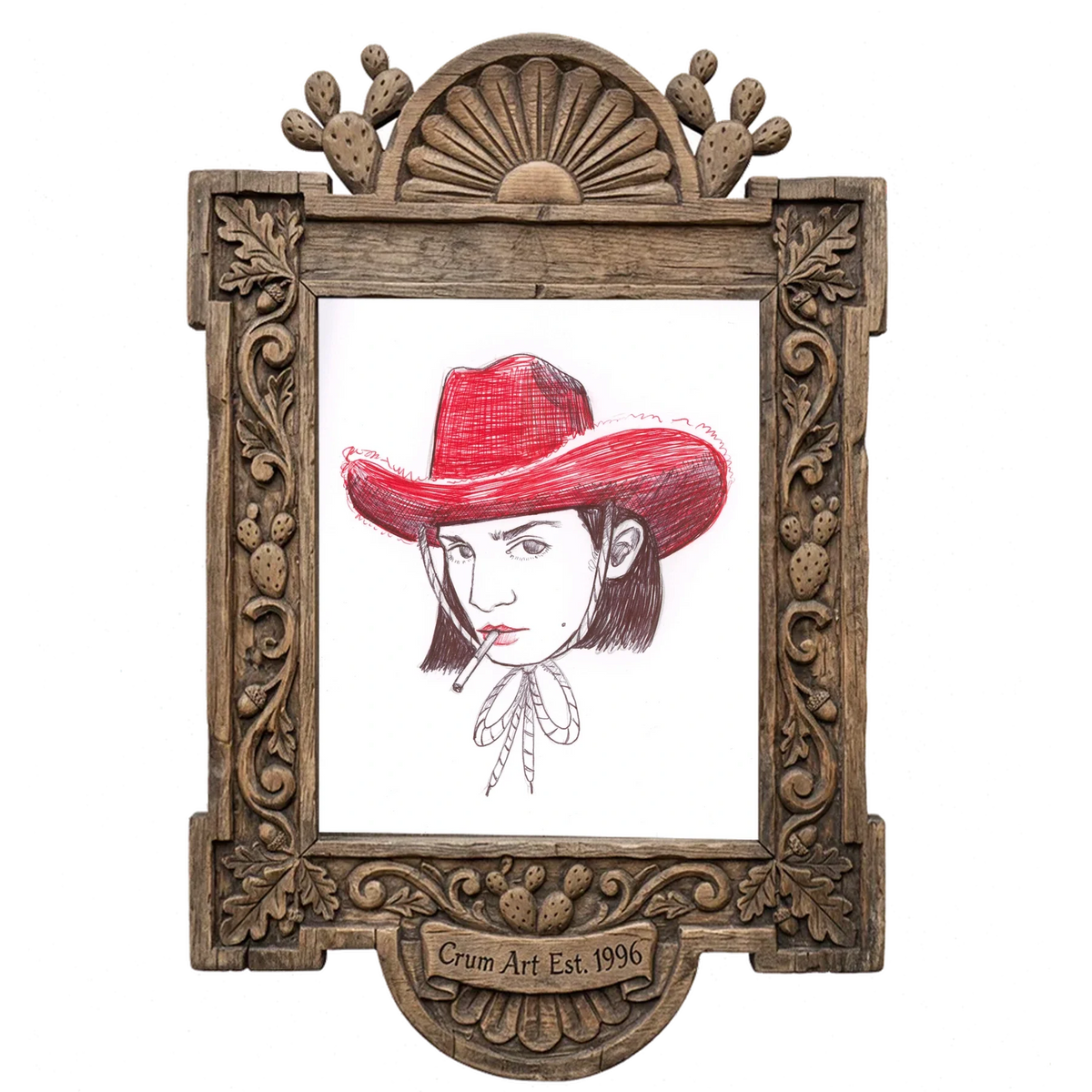 Pen & Ink Self Portrait — cowgirl art print by Caya Crum in a carved wood frame
