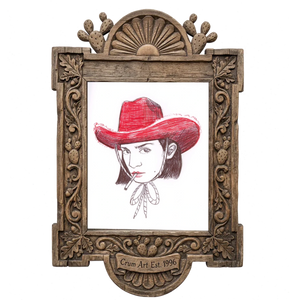 Pen & Ink Self Portrait — cowgirl art print by Caya Crum in a carved wood frame