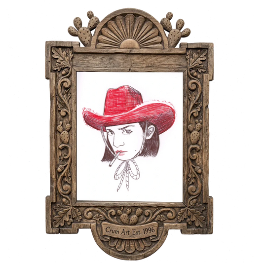 Pen & Ink Self Portrait — cowgirl art print by Caya Crum in a carved wood frame