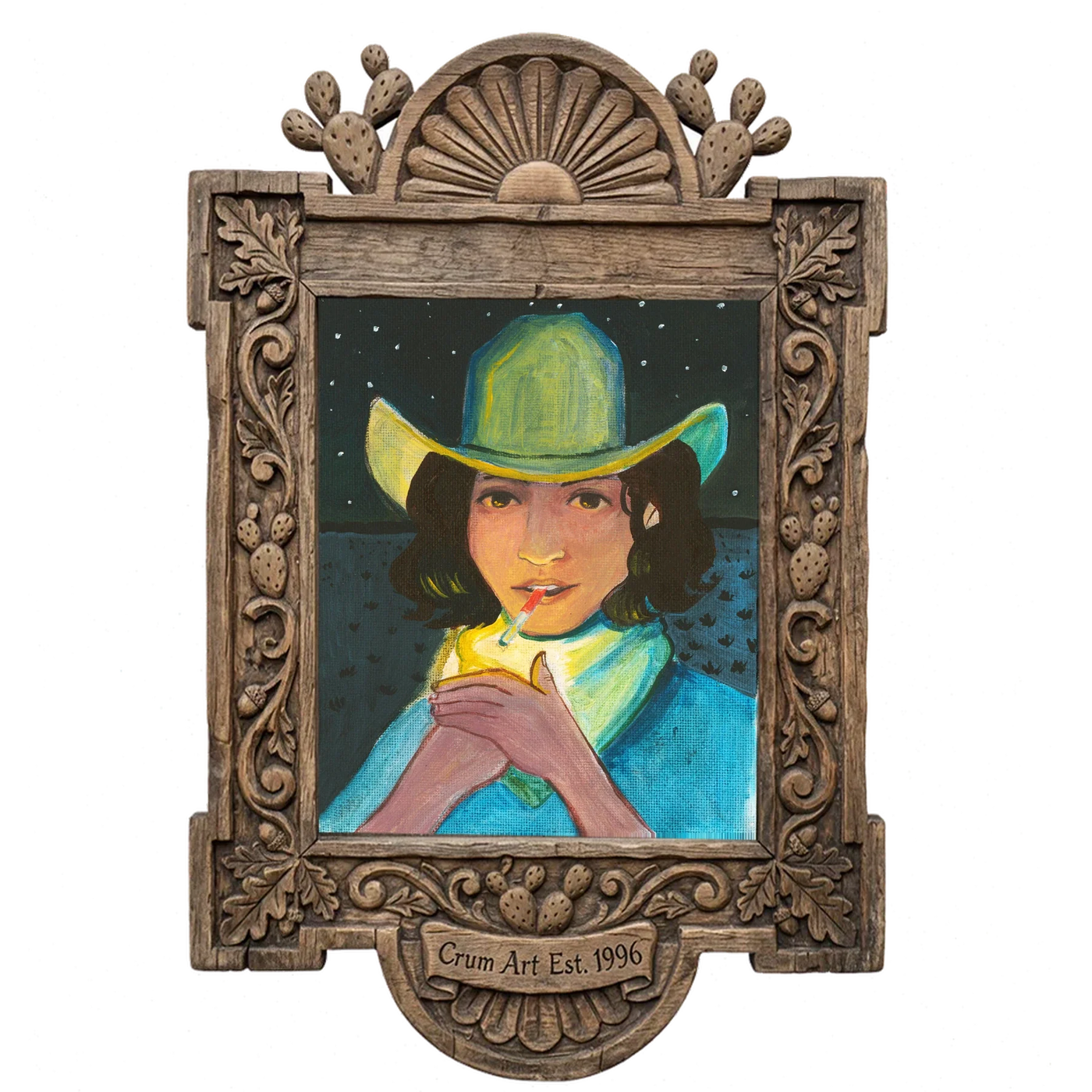 Cowgirl Lighting Up on Yellow — art print in a carved wood frame, Crum Art