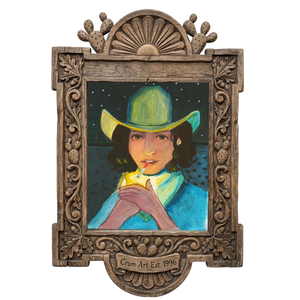 Cowgirl Lighting Up on Yellow — cowgirl art print by Caya Crum in a carved wood frame