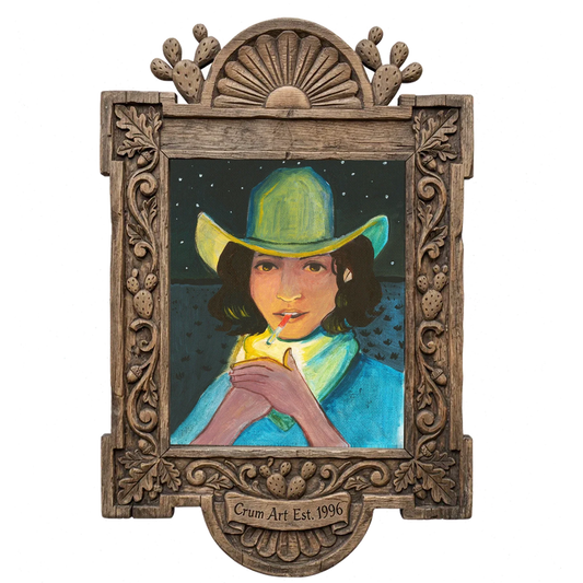 Cowgirl Lighting Up on Yellow — cowgirl art print by Caya Crum in a carved wood frame