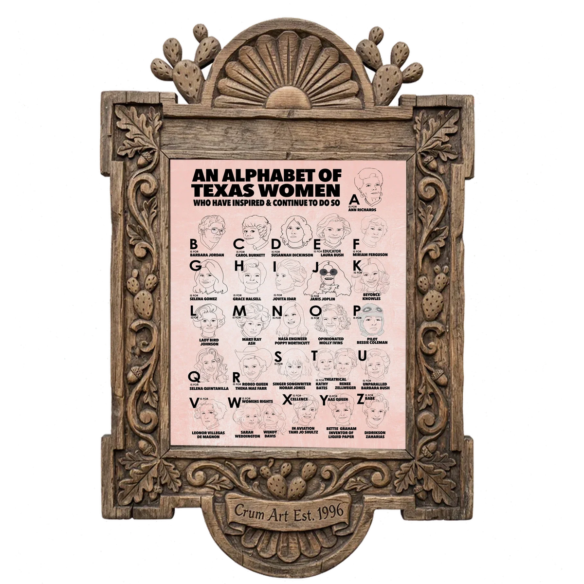 Alphabet of Texas Women — Texas art print by Caya Crum in a carved wood frame