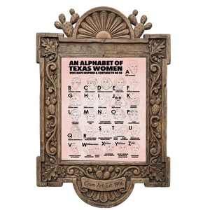 Alphabet of Texas Women — Texas art print by Caya Crum in a carved wood frame