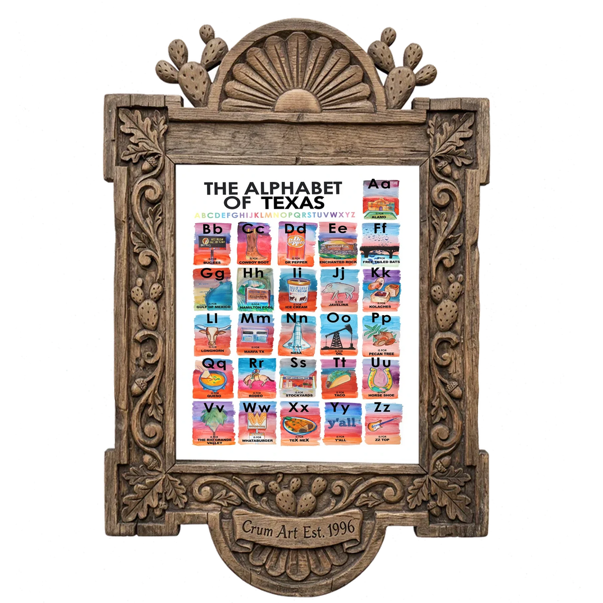 Alphabet of Texas Icons — Texas art print by Caya Crum in a carved wood frame