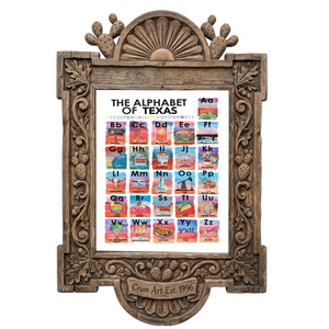 Alphabet of Texas Icons — Texas art print by Caya Crum in a carved wood frame