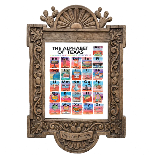 Alphabet of Texas Icons — Texas art print by Caya Crum in a carved wood frame