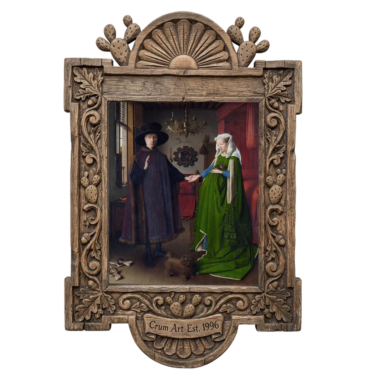 Taco Bell Arnolfini Wedding — weirdcore art print by Caya Crum in a carved wood frame