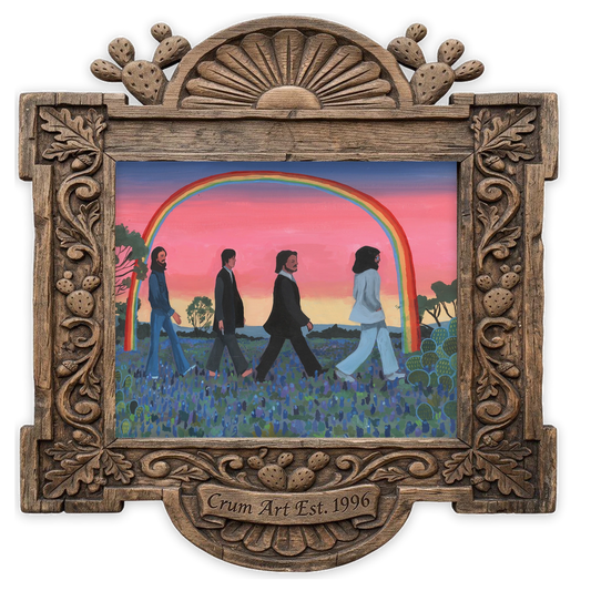 Abbey Road — bluebonnet painting as an art print by Caya Crum in a horizontal carved wood frame