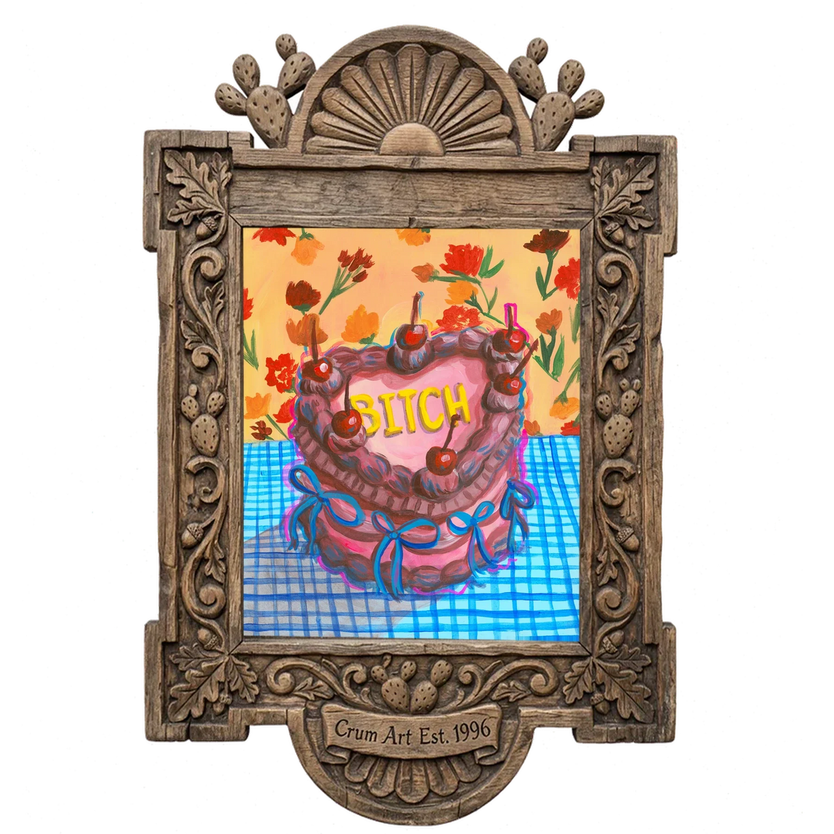 Bitch Cake — pink wall art print by Caya Crum in a carved wood frame