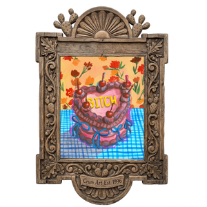 Bitch Cake — pink wall art print by Caya Crum in a carved wood frame