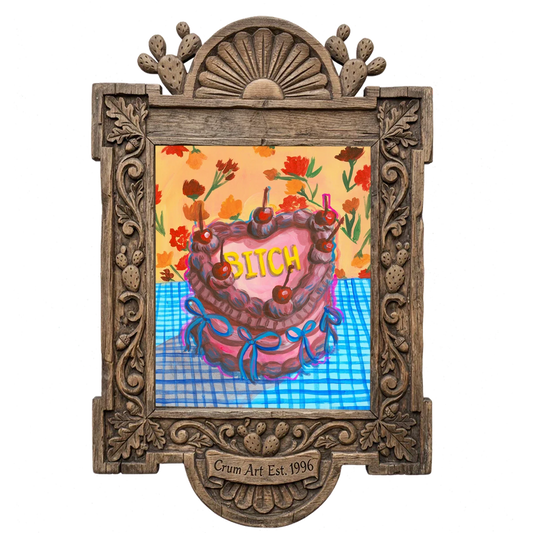 Bitch Cake — pink wall art print by Caya Crum in a carved wood frame