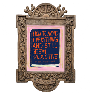 How to Avoid Everything Book — funny art print by Caya Crum in a carved wood frame