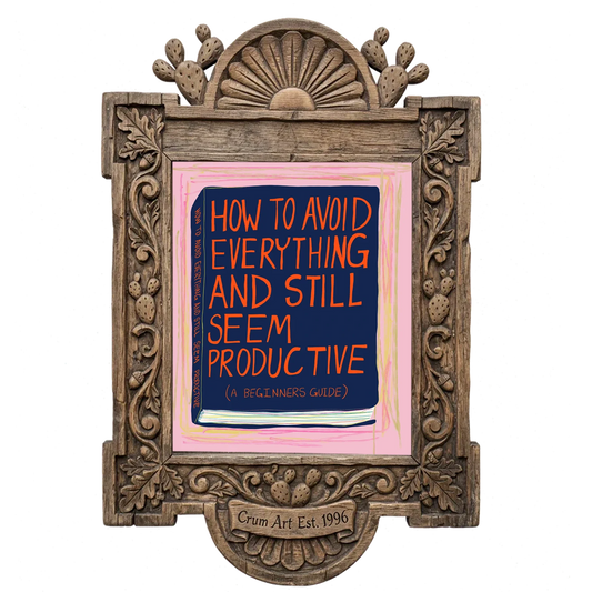 How to Avoid Everything Book — funny art print by Caya Crum in a carved wood frame