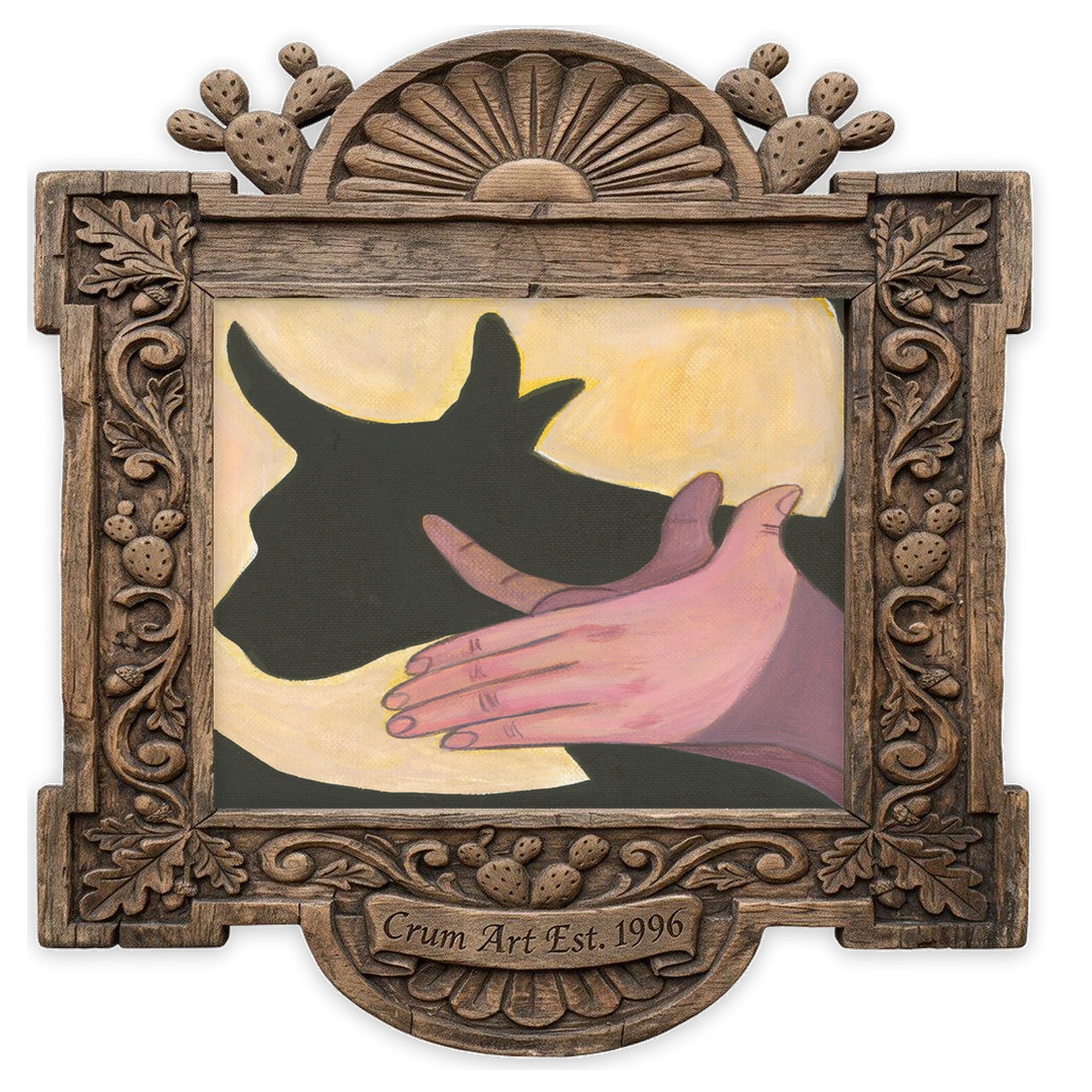 Bull Shadow Puppet — cow art print by Caya Crum in a horizontal carved wood frame