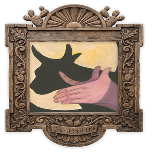 Bull Shadow Puppet — cow art print by Caya Crum in a horizontal carved wood frame