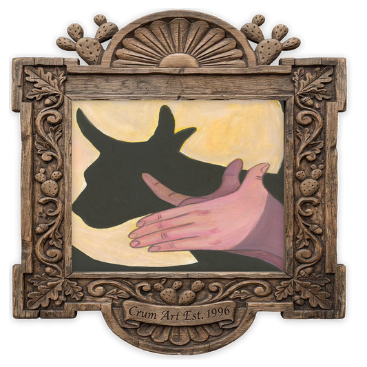 Bull Shadow Puppet — cow art print by Caya Crum in a horizontal carved wood frame