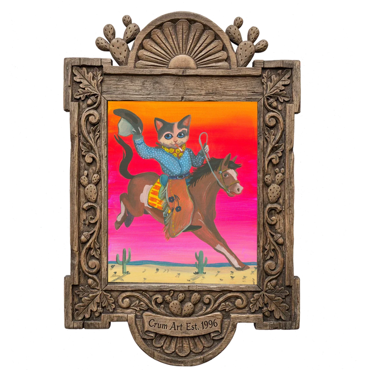 Smokey Cowboy Cat — cat art print by Caya Crum in a carved wood frame