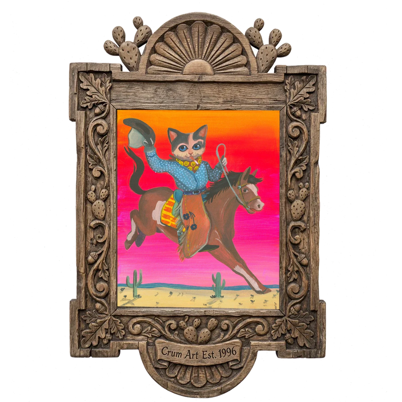 Cat Cowboy Bronco — cat art print by Caya Crum in a carved wood frame