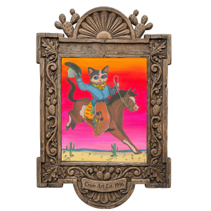 Cat Cowboy Bronco — cat art print by Caya Crum in a carved wood frame