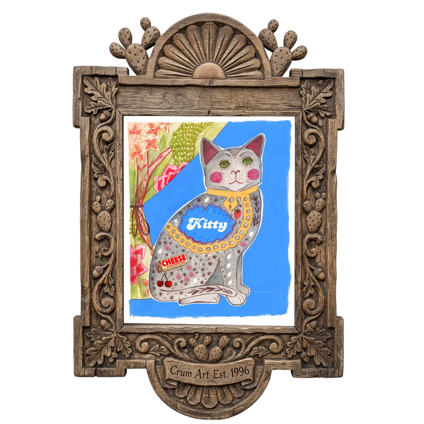 Tattooed Kitty with Cheese Tattoo — art print in a carved wood frame, Crum Art