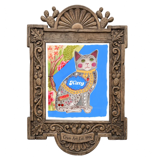 Tattooed Kitty with Cheese Tattoo — cat art print by Caya Crum in a carved wood frame