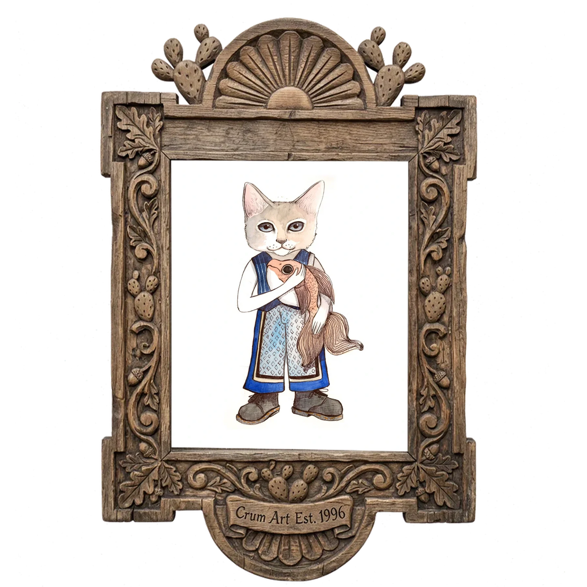 Frankie Fish Cat — cat art print by Caya Crum in a carved wood frame