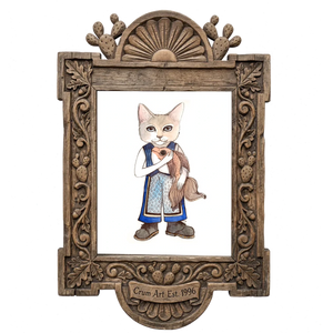 Frankie Fish Cat — cat art print by Caya Crum in a carved wood frame