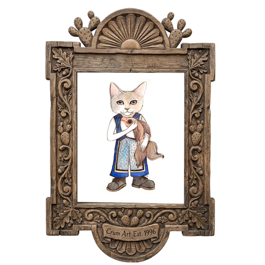 Frankie Fish Cat — cat art print by Caya Crum in a carved wood frame