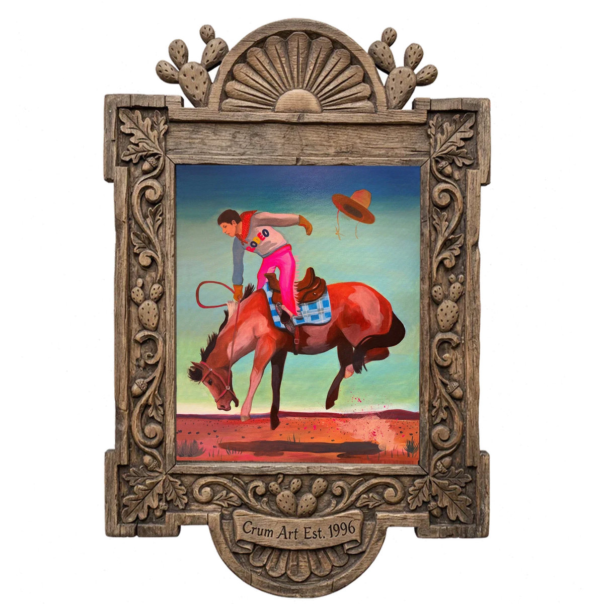 Cowgirl Bronc Rider, Hat Flying — rodeo art print by Caya Crum in a carved wood frame