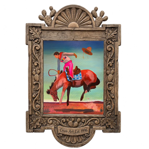 Cowgirl Bronc Rider, Hat Flying — art print in a carved wood frame, Crum Art
