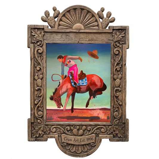 Cowgirl Bronc Rider, Hat Flying — rodeo art print by Caya Crum in a carved wood frame