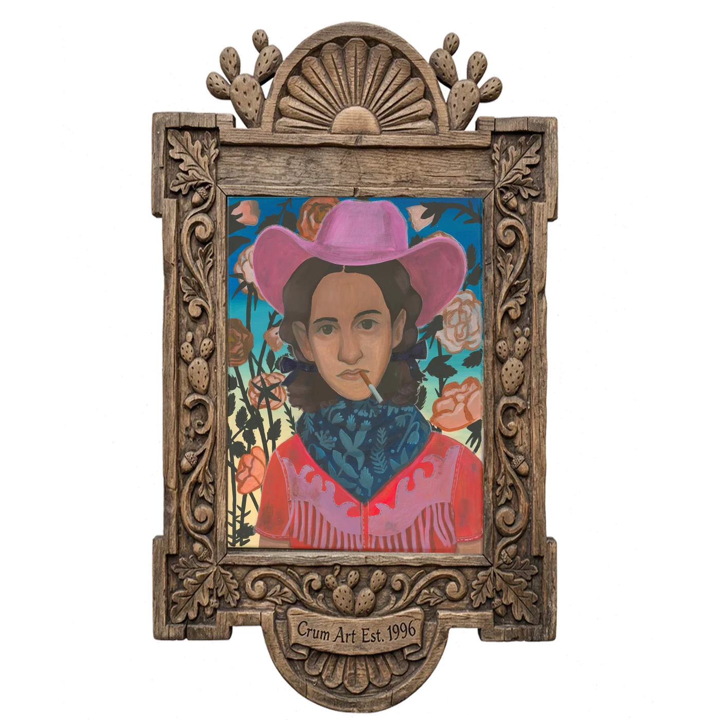 Cowgirls & Flowers — cowgirl art print by Caya Crum in a carved wood frame