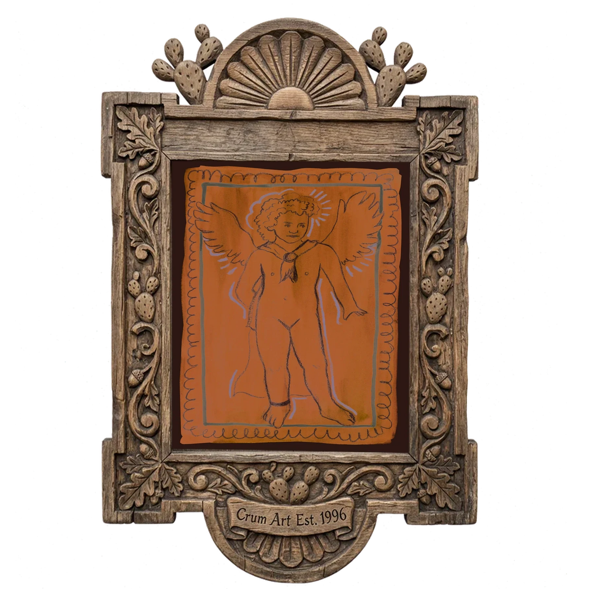 Greco Roman Cupid — pink wall art print by Caya Crum in a carved wood frame