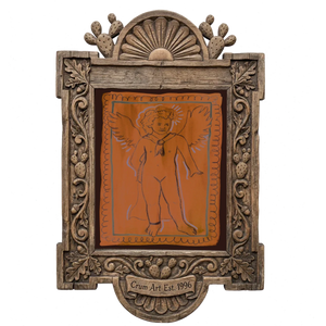 Greco Roman Cupid — pink wall art print by Caya Crum in a carved wood frame