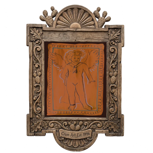 Greco Roman Cupid — pink wall art print by Caya Crum in a carved wood frame