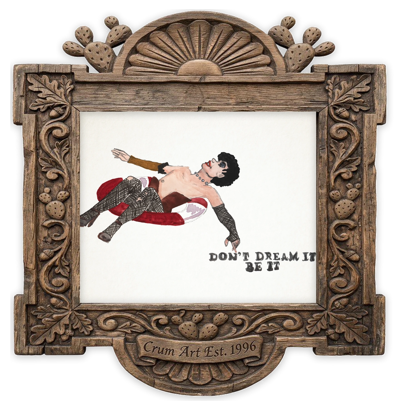 Frank N. Furter — weirdcore art print by Caya Crum in a horizontal carved wood frame