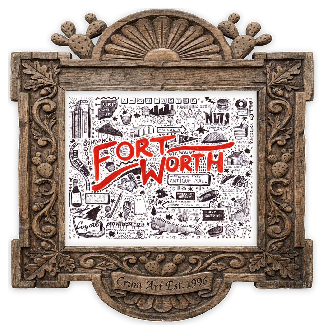 Icons Pen & Ink — Fort Worth art print by Caya Crum in a horizontal carved wood frame