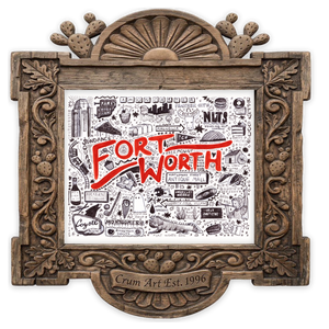 Icons Pen & Ink — Fort Worth art print by Caya Crum in a horizontal carved wood frame